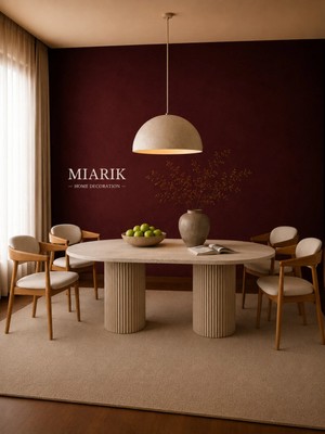 Miarik Design Nora Traverten Yemek Masası - Köşe Yuvarlak Kesim, Ham Ahşap Ayak