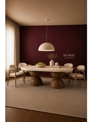 Miarik Design 2 Ahşap Bogum Ayakli Traverten Tabla Mermer Yemek Masası