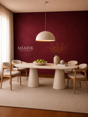 Miarik Design Nida Traverten Yemek Masası - Köşe Yuvarlak Kesim, Traverten Huni Ayak