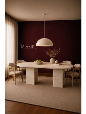 Miarik Design Besh Traverten Yemek Masası - Köşe Yuvarlak Kesim, Traverten Köprü Ayak