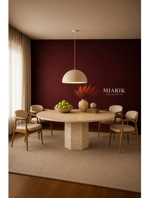 Miarik Design Yuvarlak Altıgen Ayak Traverten Mermer Yemek Masası
