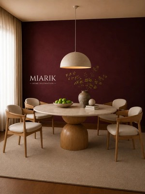 Miarik Design Ahşap Bogumlu Ayak Traverten Tabla Mermer Yemek Masası