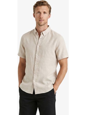 Nautica Erkek Bej Regular Fit Kısa Kollu Keten Gömlek W65100T.1PS