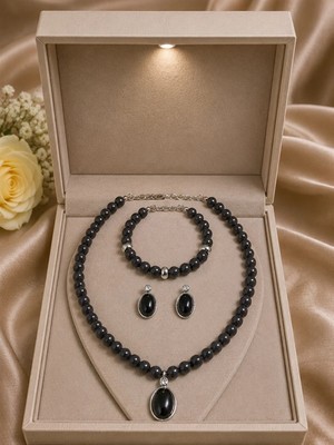 twingold Oval Taş Detaylı Vidalı Siyah Inci 3'lü Kolye Bileklik ve Küpe Seti