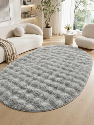 Saraz Halı Oval Bubble Ultra Soft Puffy Kaymaz Taban Peluş Tavşan Tüyü Halı Gri