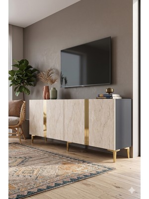 Yumedi Design KA1898ATG - Cherry Konsol, Tv Sehpası, Çok Amaçlı Dolap ve Kahve Köşesi 180CM Antrasit-Traverten-Gold