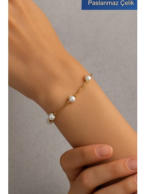 Trend Collection Paslanmaz Çelik Gold Inci Detaylı Ayarlanabilir Kadın Bileklik
