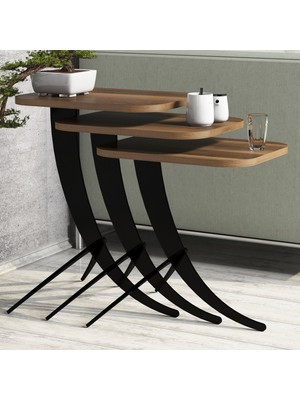 Variant Mobilya Variant Pion Metal Ayaklı Zigon Sehpa Ceviz Renkli 3'lü Set Şık Tasarım ve Uzun Ömürlü Malzeme