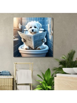Vuralsin38 Tekli Kare Kanvas Banyo Tablosu Gazete Okuyan Maltese Köpek, 40 x 40