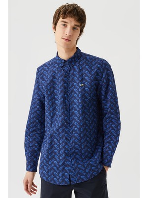 Lacoste Mens Regular Fit Navy Shirt Standart Kesim Düğmeli Erkek Keten Gömlek Lacivert