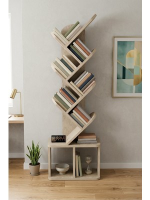 Reyo Falez 10 Raflı Kitaplık Modern Dekoratif Kitap Rafı Çok Katlı Kitap Standı Salon Ofis Organizer 7062 Traverten