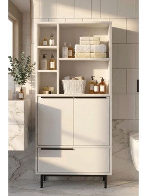 Yurudesign Ocean Banyo Dolabı Çok Amaçlı Dolap 3 Kapaklı Metal Ayaklı Beyaz ON9C-W