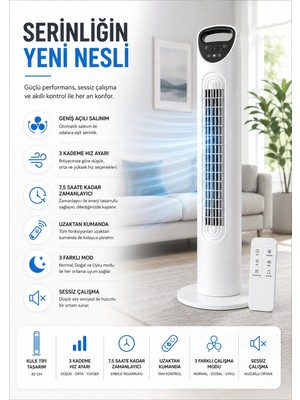 Smayling Kule Tipi Vantilatör | 3 Kademe Hız, 7.5 Saat Zamanlayıcı, Uzaktan Kumandalı, Sessiz Çalışma, Salınımlı Fan, 45W