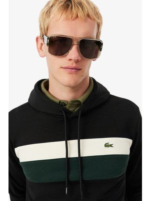 Lacoste Men's Classic Fit Colour-Block Fleece Hoodie Organik Pamuk Renk Bloklu Kapüşonlu Yaka Sweatshirt Siyah