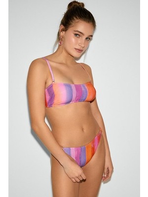 Kom Laina Desenli Simli Kumaş Straplez Bikini