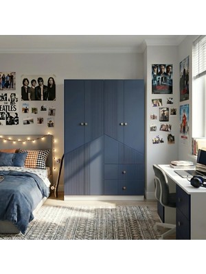 By Cino BYCİNO Cenova 4 Kapaklı 2 Çekmeceli Modern Tasarım Mdf Membran Kapak Lambiri Lacivert Gardırop