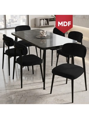Canisa Runes Serisi Mdf Sabit 80X130 Siyah Mermer Desen Mutfak Masası Takımı 6 Siyah Sandalye