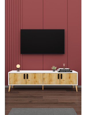 Asra Trend Modern TV Ünitesi %100 MDF 4 Kapaklı Ahşap Ayaklı Televizyon Sehpası T-02