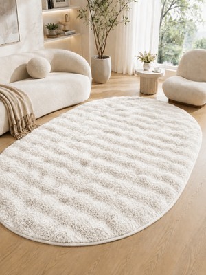 Saraz Halı Oval Bubble Ultra Soft Puffy Kaymaz Taban Peluş Tavşan Tüyü Halı Beyaz