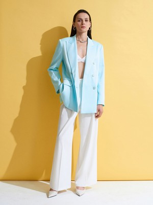 Dilvin 60802 Kruvaze Saten Blazer Ceket-Mavi