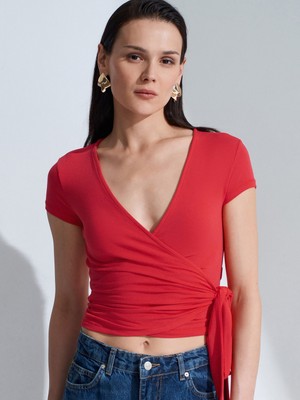 Dilvin 32923 Kısa Kollu Kruvaze Top-Kırmızı