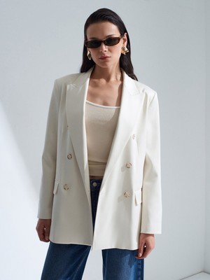 Dilvin 60802 Kruvaze Saten Blazer Ceket-Ekru