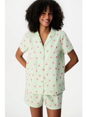 Penti Yeşil Summer Breeze Gömlek Meyve Desenli Kısa Kollu Şort Pijama Takımı