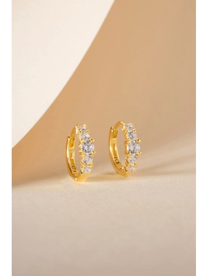 Nereze 925 Ayar Gümüş Gold Kaplama 5 Taşlı 15 mm Halka Küpe