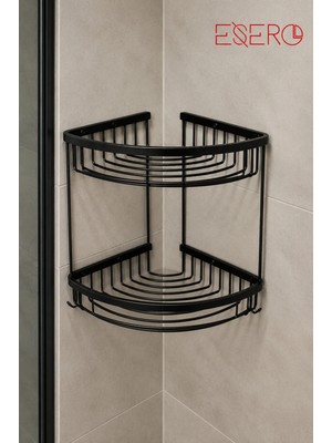 Esero CA-20319 Model 2 Katlı Köşe Duş Rafı Siyah Banyo Rafı Paslanmaz Çelik Duvar Tipi Şampuanlık Köşe Düzenleyici 26X28X17 cm