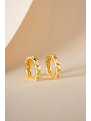 Nereze 925 Ayar Gümüş Gold Kaplama Sıralı Zirkon Taşlı 15 mm Halka Küpe