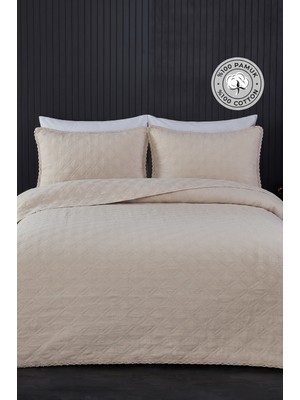 Evien Home Pamuk Çift Kişilik Özel Taş Yıkama Yatak Örtüsü Barbara 3 Parça Lüks Yumuşak Dayanıklı Modern Bej