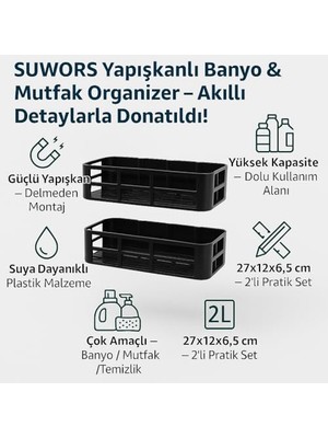 Yapışkanlı Duş Rafı – 2 Adet Paslanmaz Banyo Şampuanlık Organizer | Delmeden Montaj | Geniş Kapasiteli Duş Organizeri | Siyah Plastik Raf – Banyo Mutfak Uyumlu