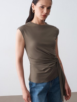 Dilvin 32724 %100 Pamuk Bağlama Detaylı T-Shirt-Haki