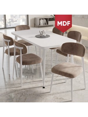 Canisa Runes Serisi Mdf Sabit 80X130 Beyaz Mutfak Masası Takımı 6 Cappucino Sandalye