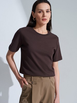 Dilvin 31763 %100 Pamuk Bisiklet Yaka T-Shirt-Koyu Kahve