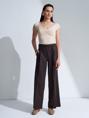 Dilvin 72683 Kemerli Geniş Paça Pantolon-Kahve