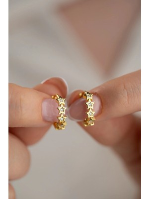 Nereze 925 Ayar Gümüş Gold Kaplama 15 mm Yıldız Çemberi Küpe