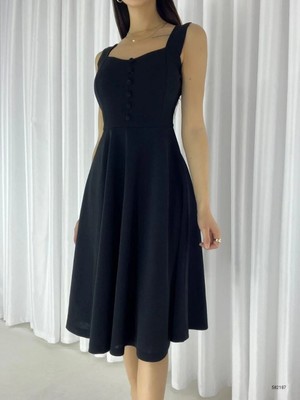 Moda Feminen   Askılı Kalp Yaka Midi Boy Krep Kumaş Abiye Elbise 582187 Lacıvert