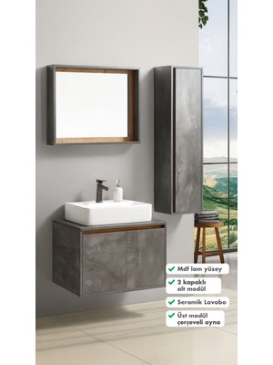 Artva Pedro Antrasit Çam 80 cm %100 Mdf Seramik Lavabolu Banyo  Dolabı + Aynalı Dolap