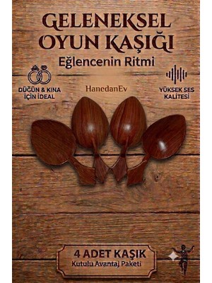 Hanedanev 4 Adet Kutulu Ahşap Görünümlü Plastik Kaşık Oyun Kaşığı Düğün Kına Eğlence Kaşığı Kısa Kaşık