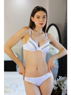 MiraLive Miray- Kadın Taş Detaylı Push Up Sütyen Takım Beyaz