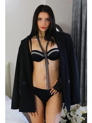 MiraLive Miray- Kadın Taş Detaylı Push Up Straplez Sütyen Takım Siyah