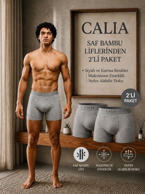 Qulat Calıa Erkek Bambu Boxer 2’li Paket Gri Renk Nefes Alan Esnek Yumuşak Dokulu Boxer