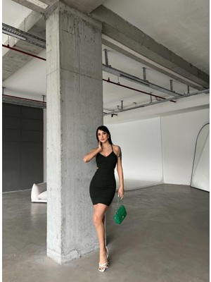 Bel Dekolteli Mini Krep Elbise 581789 Hakı