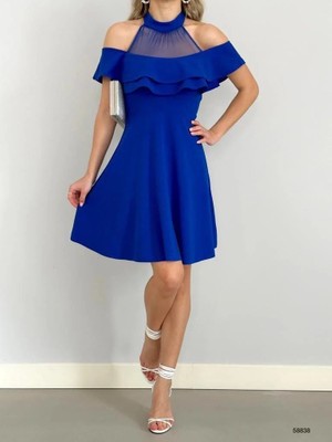 Tül Detaylı Fırfırlı Mini Elbise 58838 Saks