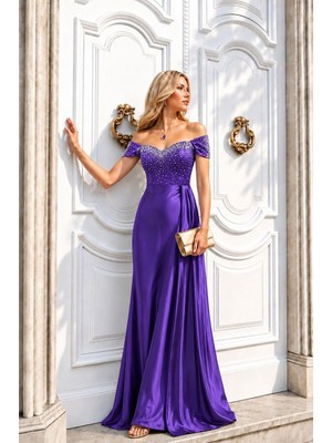 Mor Saten Kumaş Düşük Omuz Maxi Boy Elbise 583397