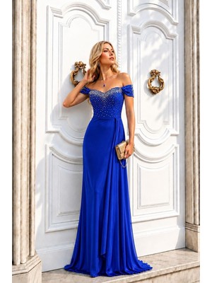 Saks Saten Kumaş Düşük Omuz Maxi Boy Elbise 583397