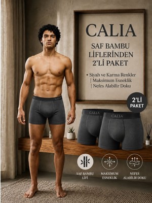 Qulat Calıa Erkek Bambu Boxer 2’li Paket Gri Renk Nefes Alan Esnek Yumuşak Dokulu Boxer