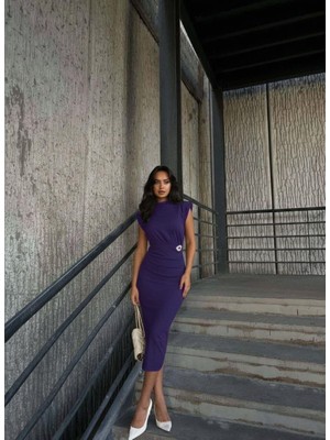 Moda Feminen Broşlu Dik Yaka Midi Boy Abiye Elbise 582934 Mor