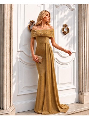 Gold Omuz Dekolteli Uzun Abiye Elbise Flowres Kumaş 583405